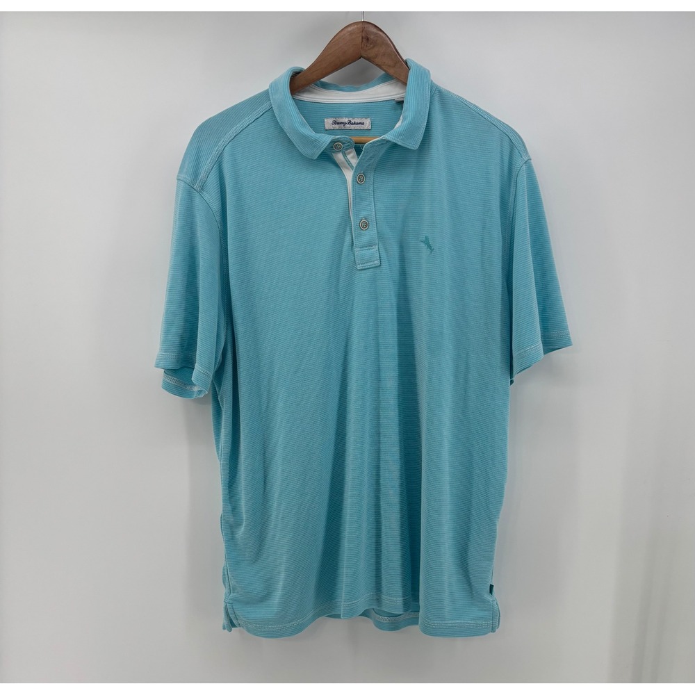 Tommy Bahama Polo Shirt Men's XL Teal Striped Tencel Recycled Polyester